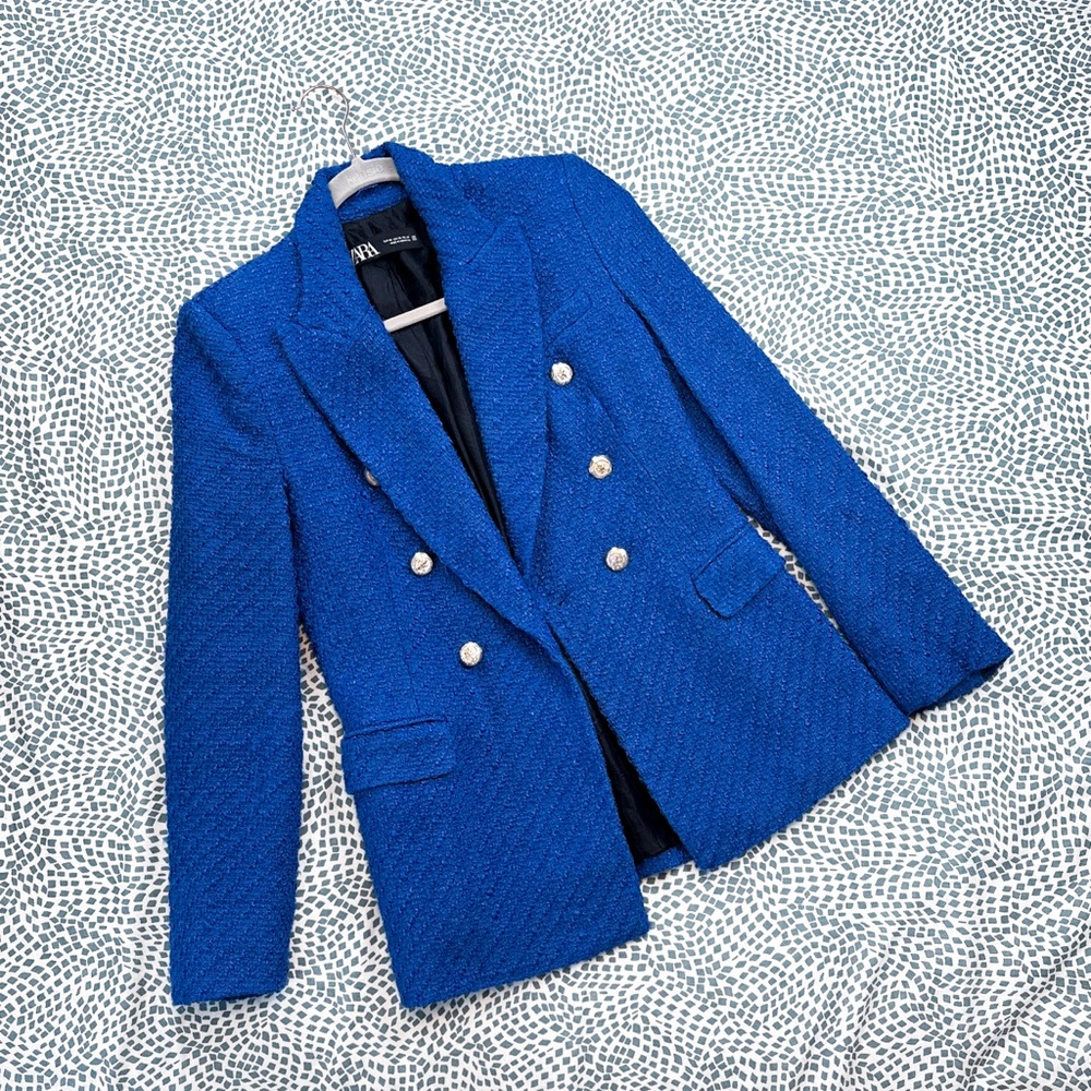 Zara Cobalt Blue Textured Tweed Gold Button Blazer Jacket